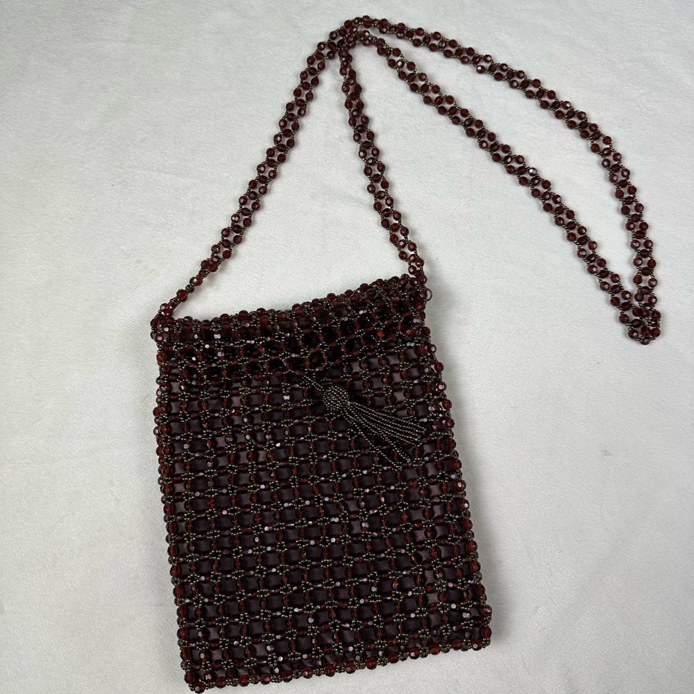 Vintage Burgundy Beaded Shoulder bag/ boho chic Evening Purse with Tassel Deta